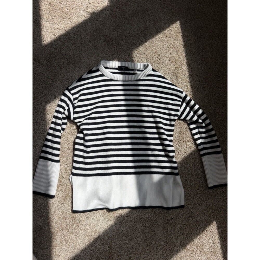 Tahari Black/White Striped Knit Crew Neck Long Sleeve Pullover Sweater M